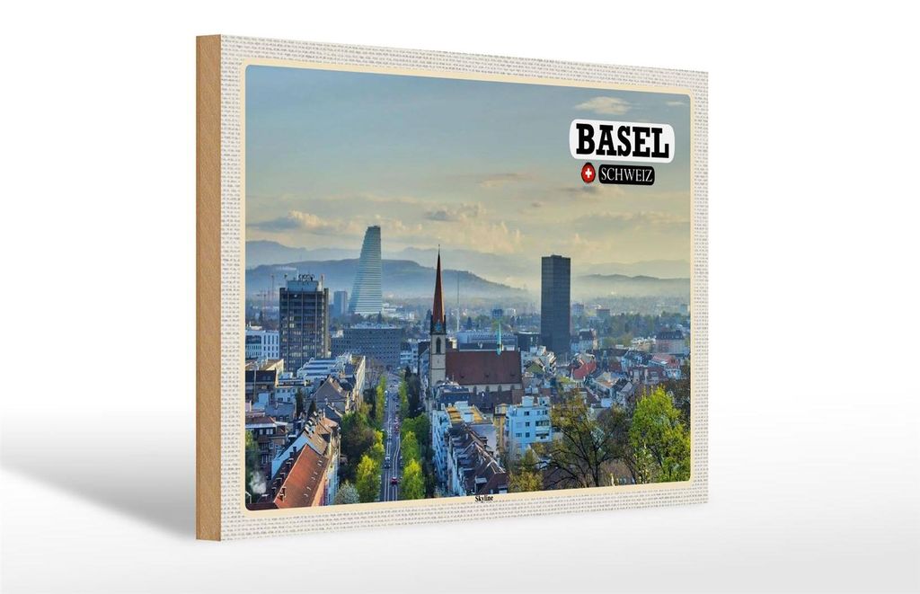 Holzschild Reise Basel Schweiz Skyline Architektur 30x20cm Produktbild 