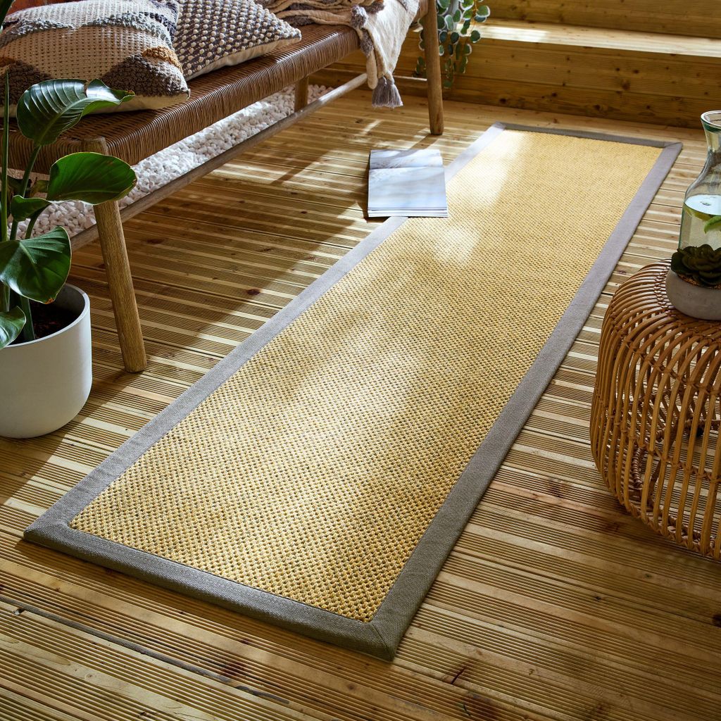 Outdoor Teppich Sisal Bordüre, Balkon schmutzabweisend Natur-Grau Läufer 60x230 | 60% Polyester, 40% Polypropylen, Rücken aus 100% Latex