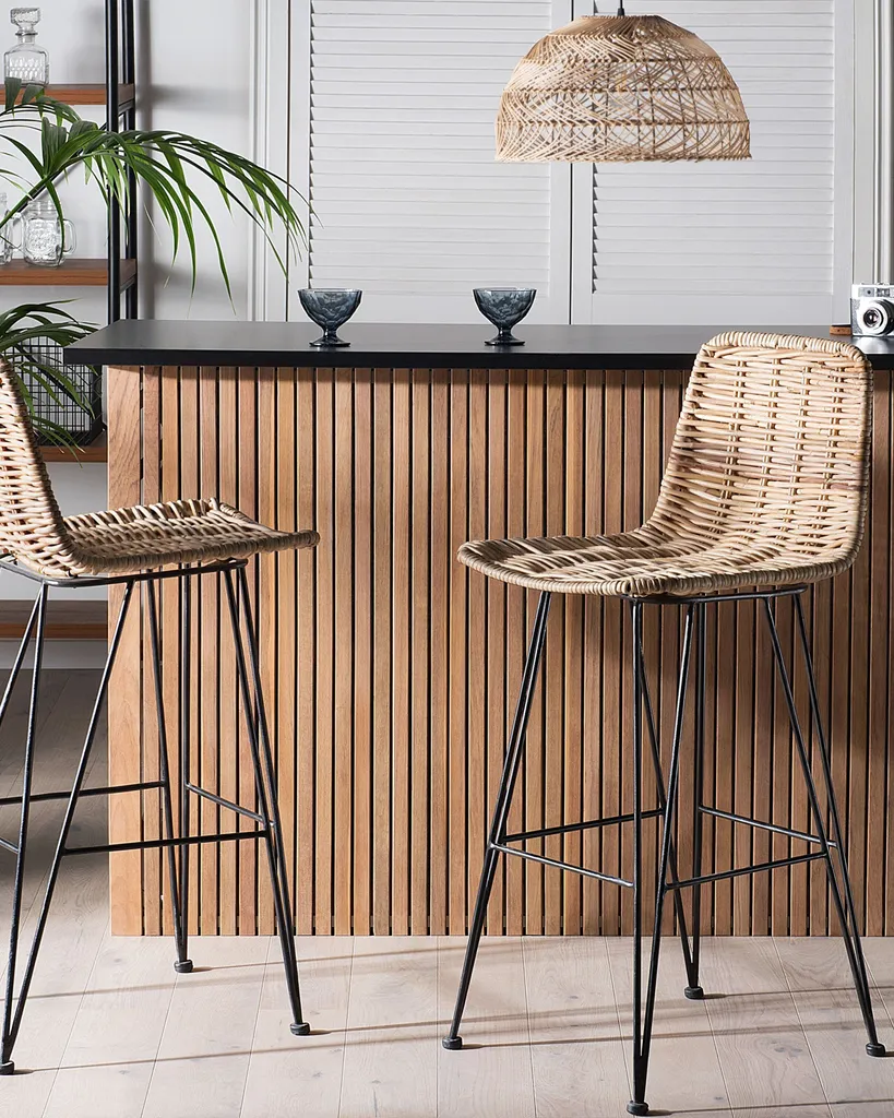 Tabourets de Bar Design Rotin Beige et Structure Métal Noir Rustique - 2