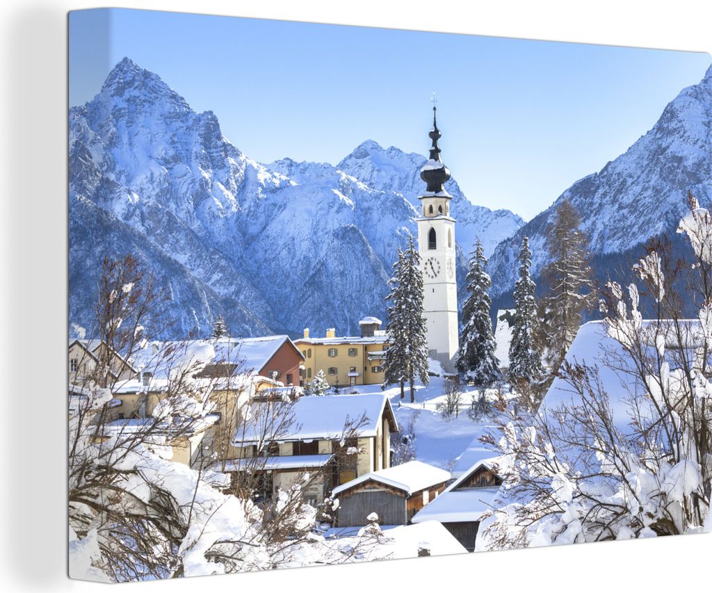 OneMillionCanvasses - Leinwandbilder - 150x100 cm, Schnee in einem Bergdorf in der Schweiz, Wandbilder Kunstdruck Wanddekoration