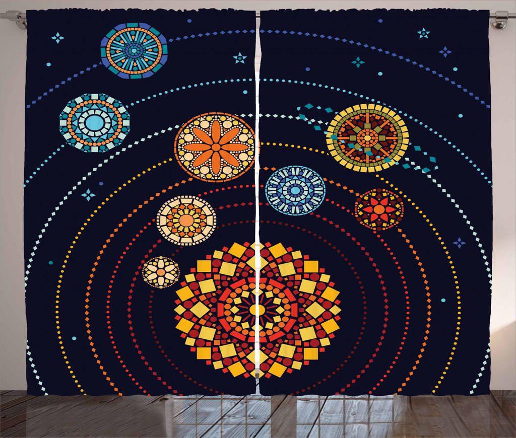 ABAKUHAUS Galaxy Mandala Rustikaler Gardine, Stilisierter Planet, Schlafzimmer Kräuselband Vorhang mit Schlaufen und Haken, 280 x 225 cm, Mehrfarbig