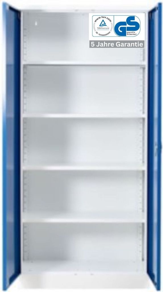 Stahlschrank BEE mit 10 lackierten Fachböden | HxBxT 195x92x42cm | Korpusfarbe Verkehrsweiß, Frontfarbe Enzianblau | Werkstattschrank Werkzeugsch...
