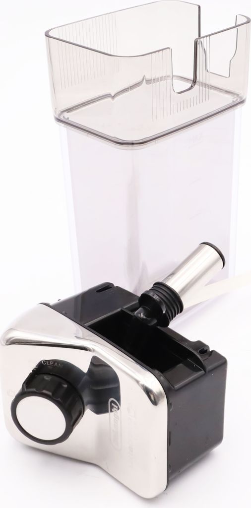 A coffee machine milk carafe and its base are shown against a white background.