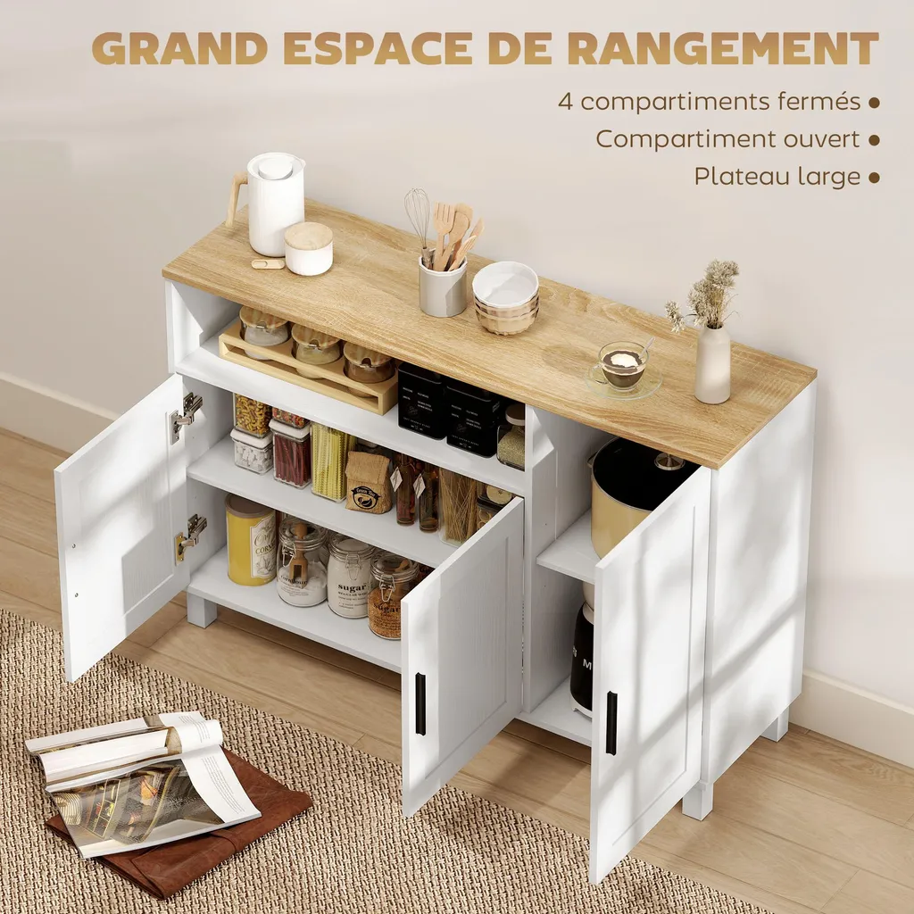 Buffet de Cuisine Moderne Blanc avec Étagères Réglables et Rangement