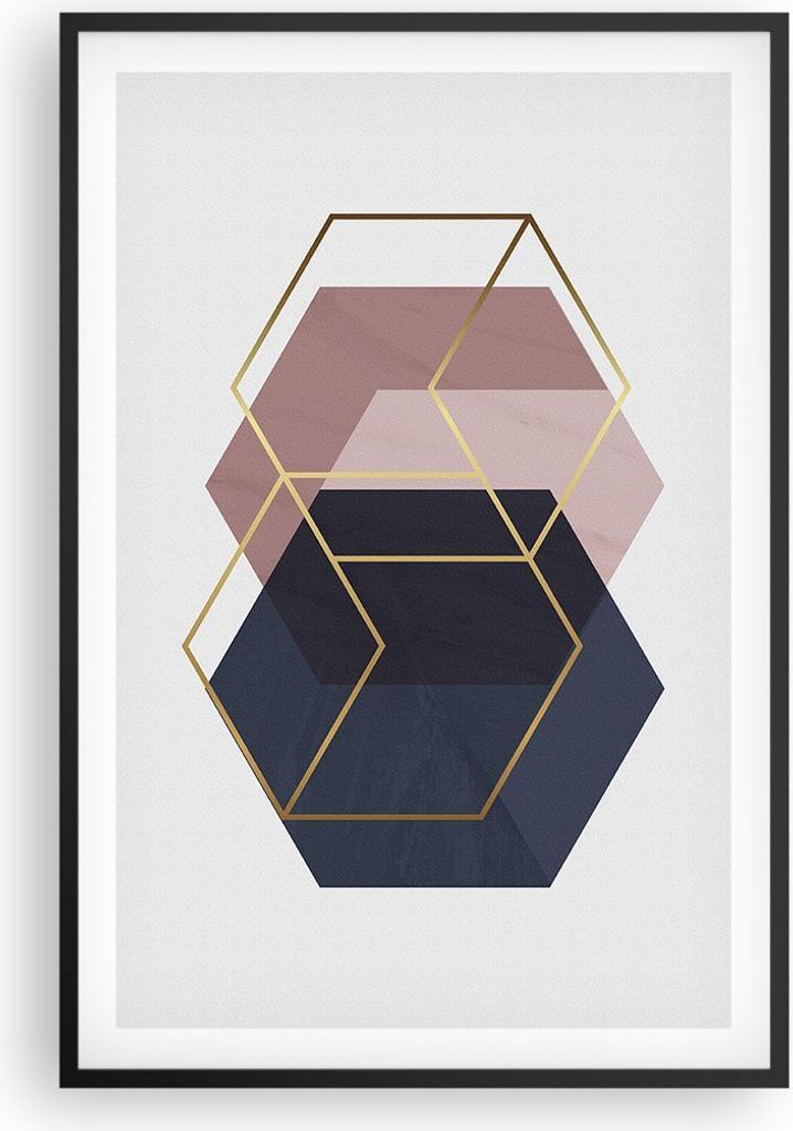 Gerahmtes Poster - Schwarzer Rahmen - Sechsecke Modern Gold Produktbild 