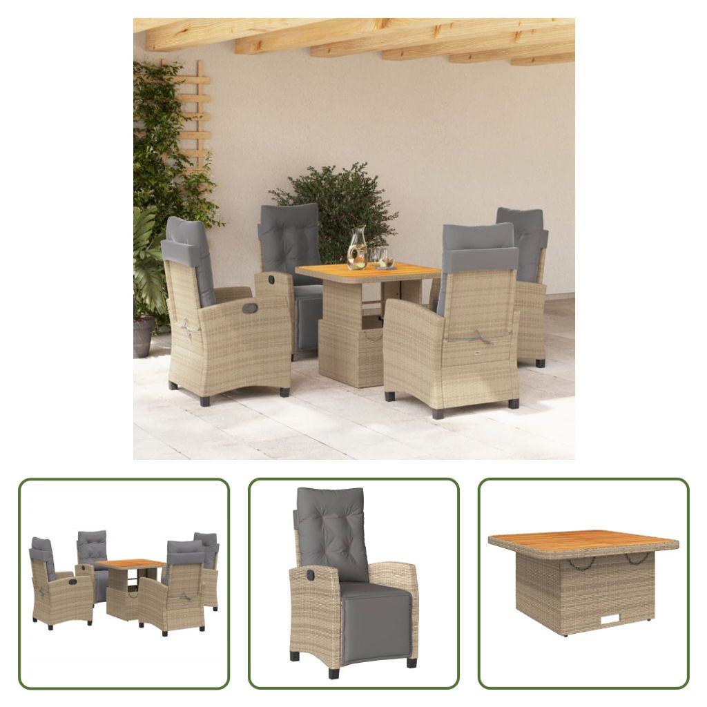 The Living Store 5-tlg. Garten-Essgruppe mit Kissen Beige Poly Rattan