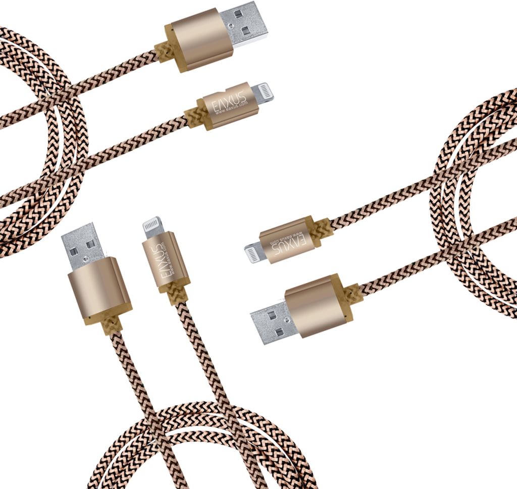 3x Daten-Ladekabel 8pin USB, Gold, 3m iPhone 5, 6, 7+ iPad iPod Anti-Bruch Eaxus
