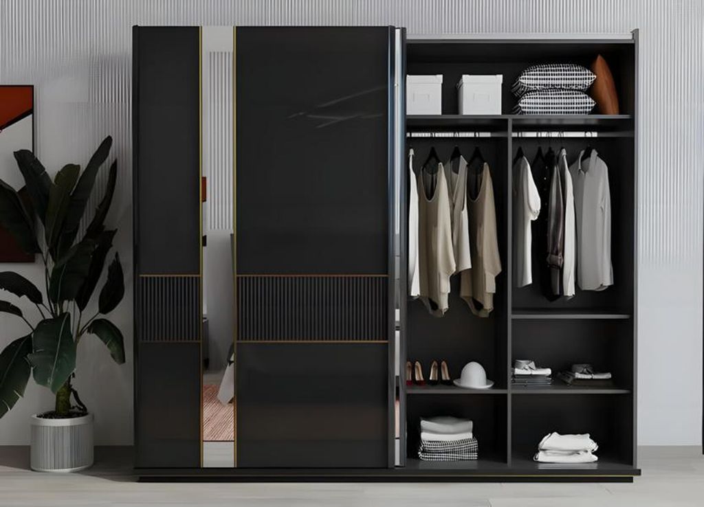 Kleiderschrank Schrank Holzschrank mit Spiegel Schlafzimmer Grau