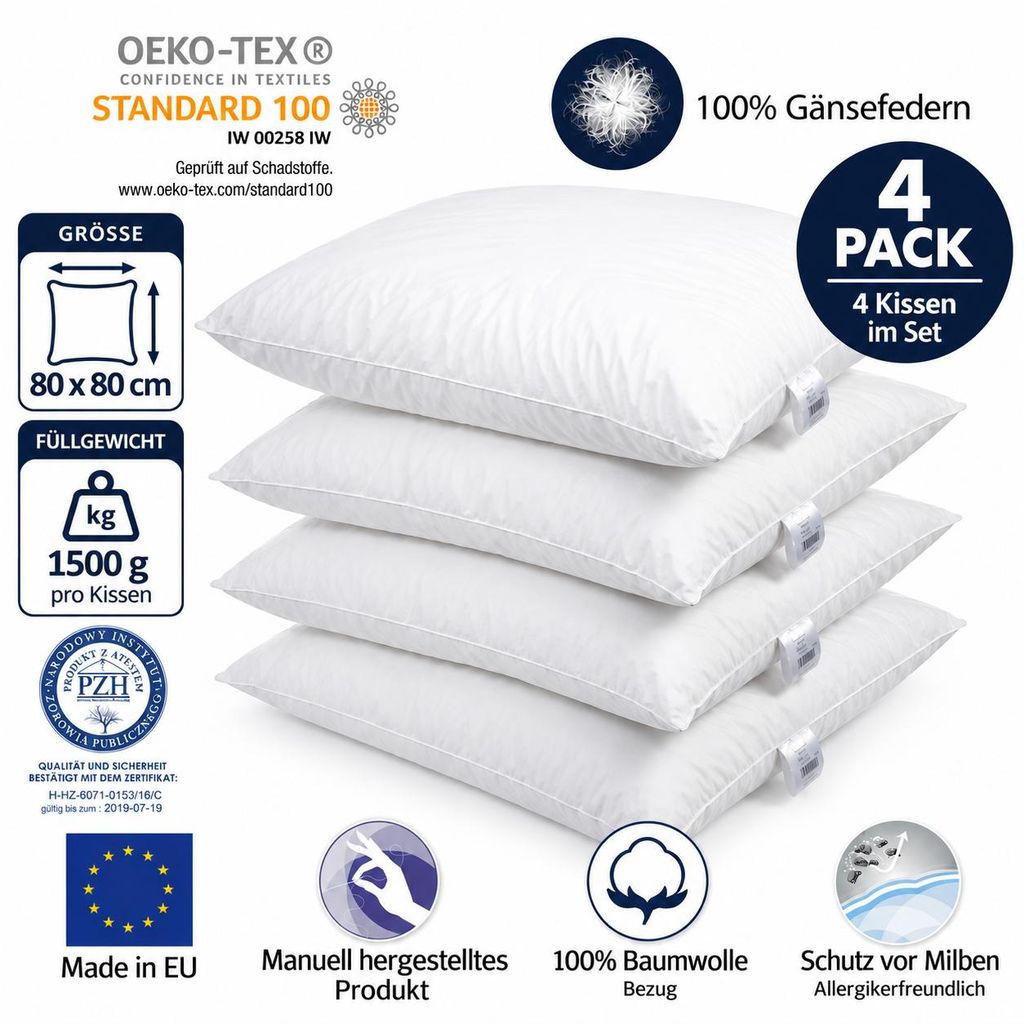 4er Set Federkissen 80x80 cm 1300 Gramm – Kopfkissen mit Produktbild 