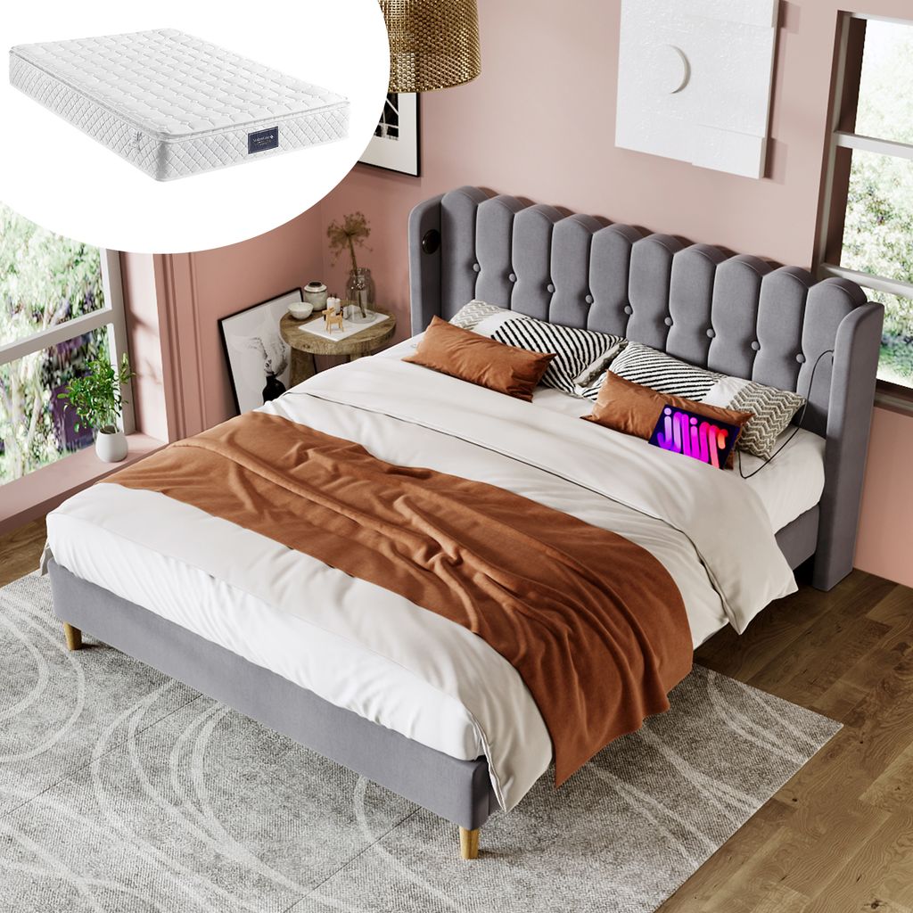 MODFU Polsterbett Funktionelles 160x200 cm mit USB Typ C Ladefunktion,Doppelbett Jugendbett mit Lattenrost, Samtstoff Grau(Mit Matratze)