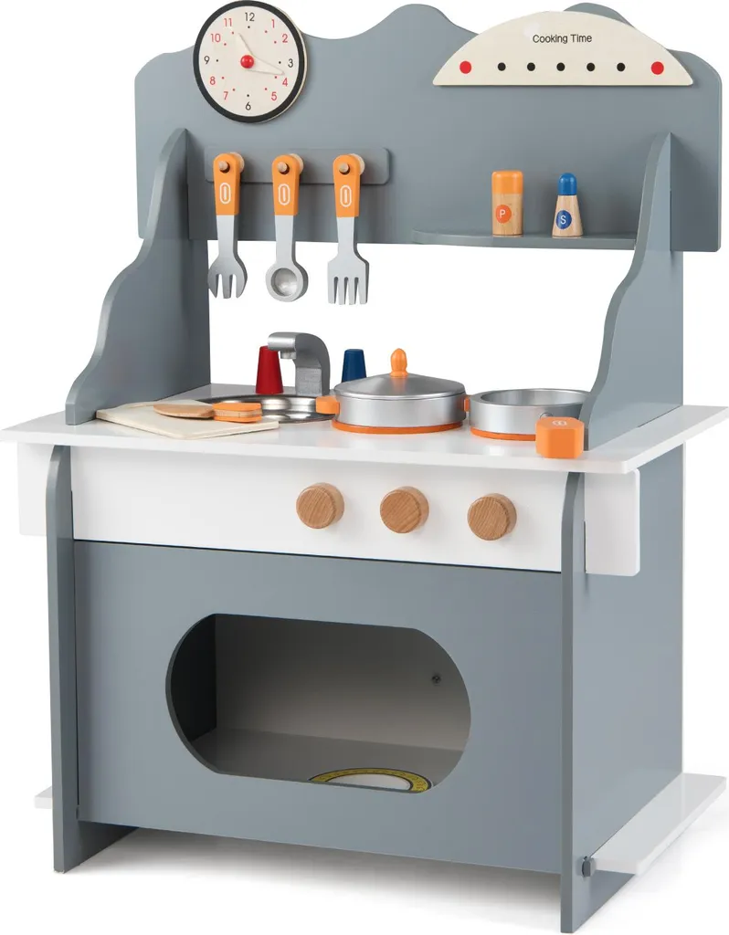 Petite cuisine en bois grise interactive avec 12 ustensiles de cuisson