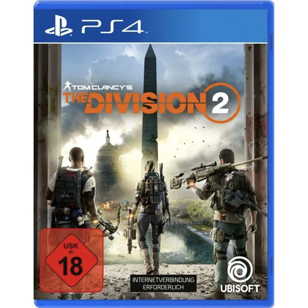 The image shows the front cover of a PlayStation 4 game case for 'Tom Clancy's The Division 2'. The cover art features characters in a post-apocalyptic setting with Washington D.C. landmarks in the background.