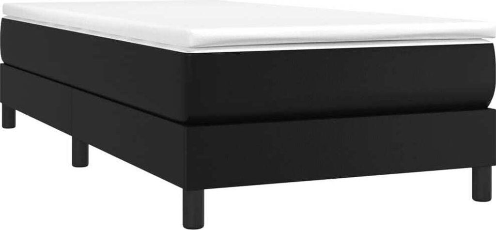 A black upholstered bed frame with a white mattress on top, shown from a side angle on a white background.