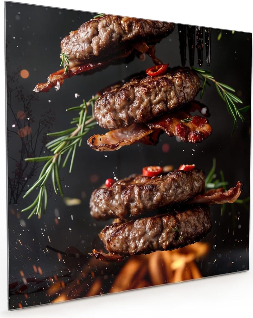 Küchenrückwand Spritzschutz Glas mit Motiv Burger mit Bacon 40 x 40 cm