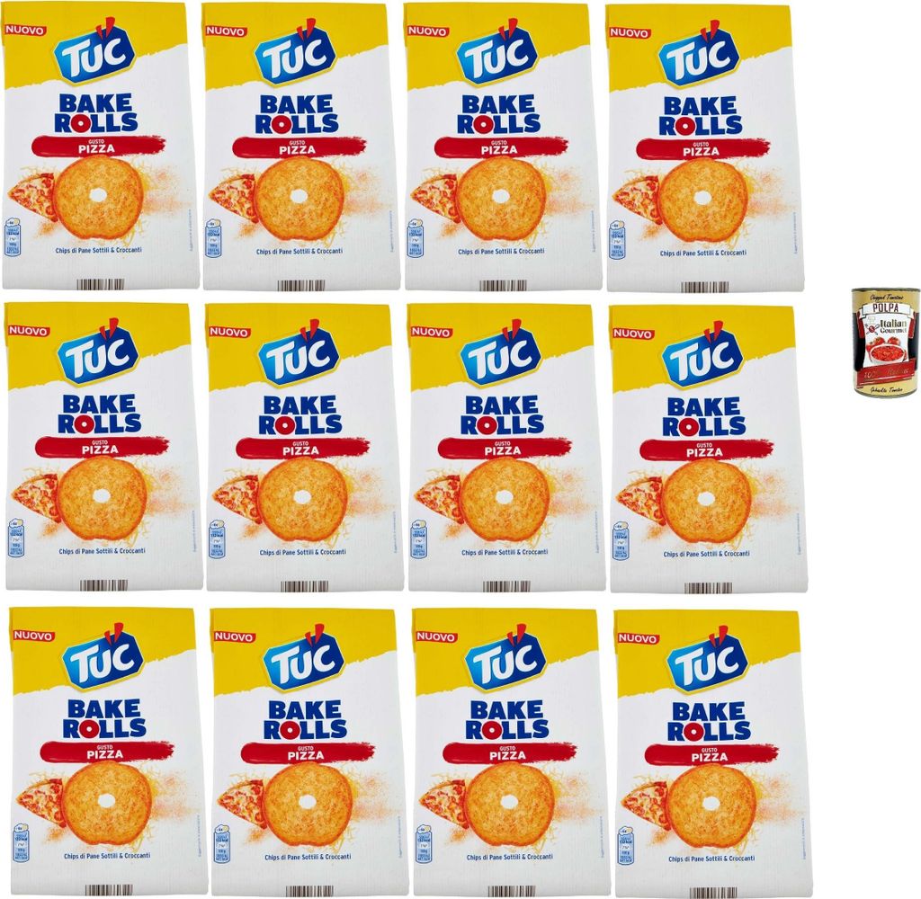 Tuc Bake Rolls, Chips di Pane Sottile e Croccante gusto PIzza, Im Ofen gebackene, dünne und knusprige PIzza Brotchips 12x 150 g + Italian Gourmet ...