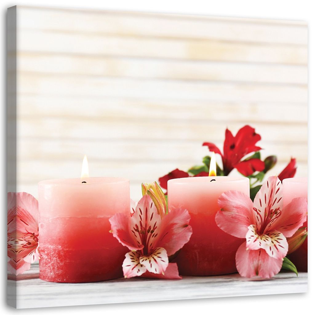 Leinwandbild rosa kerzen und blumen 50x50 cm Feeby rosa wandbild bereit zum aufhängen