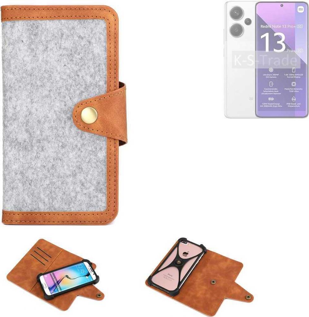 K-S-Trade Handyhülle kompatibel mit Xiaomi Redmi Note 13 Pro + 5G Schutzhülle Filz-Hülle Kunst-Leder hellgrau braun (1x)