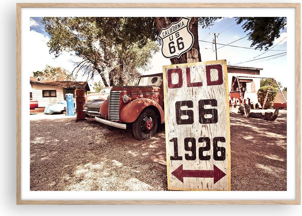 Gerahmtes Poster - Rahmen in heller Eiche - Straße alt 66 USA - 100x70 cm - Wand Bild - Wanddeko - Wandbilder - Wandposter - Bilderrahmen - Bilder...