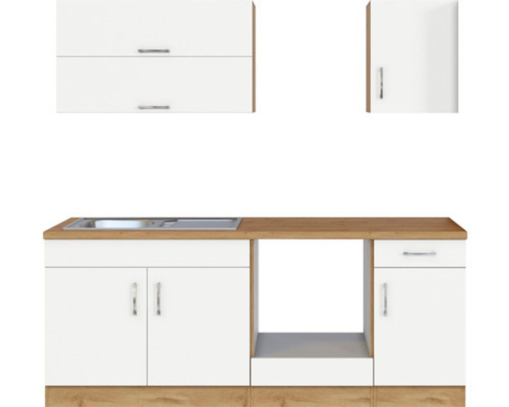 A modular kitchen unit with white cabinets and a wooden countertop, shown against a white background.