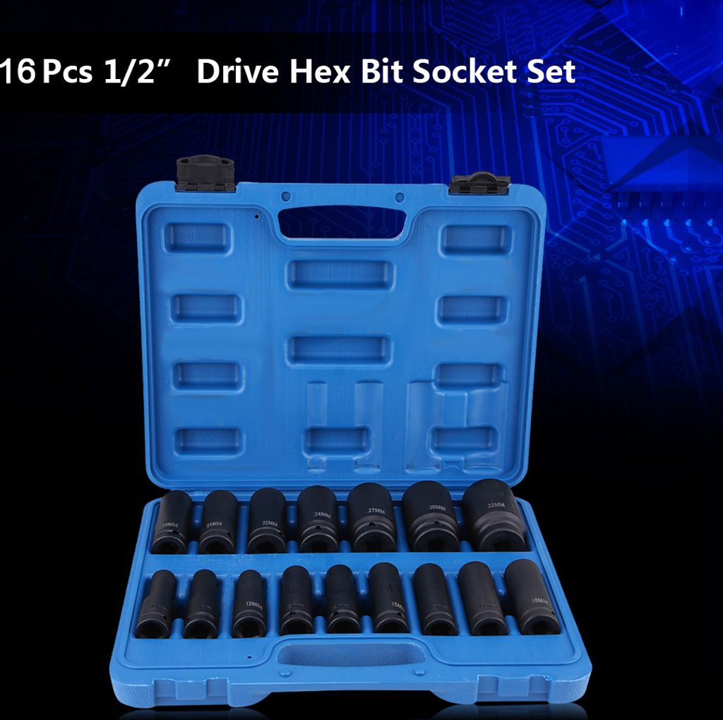 QC0630316Pcs 1/2" Zoll Antrieb Air Hex Bit Socket Set Reparaturwerkzeug Kit 10MM-32MM