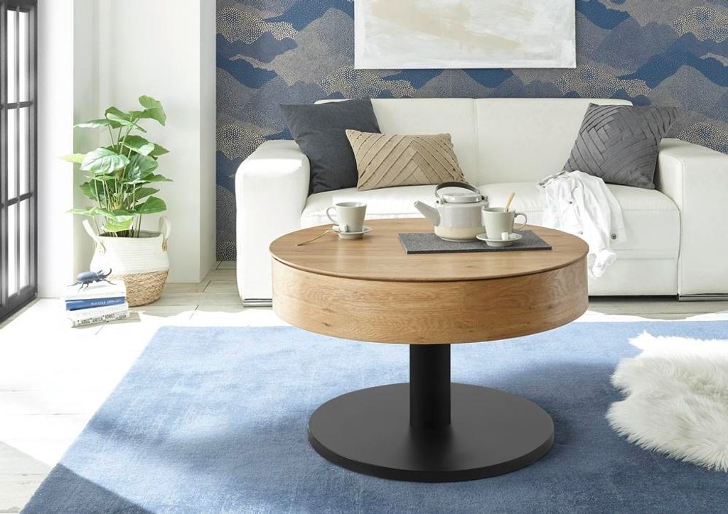 Couchtisch Tanger mit Lift | rund | Ø75 | Asteiche / schwarz | auf Rollen