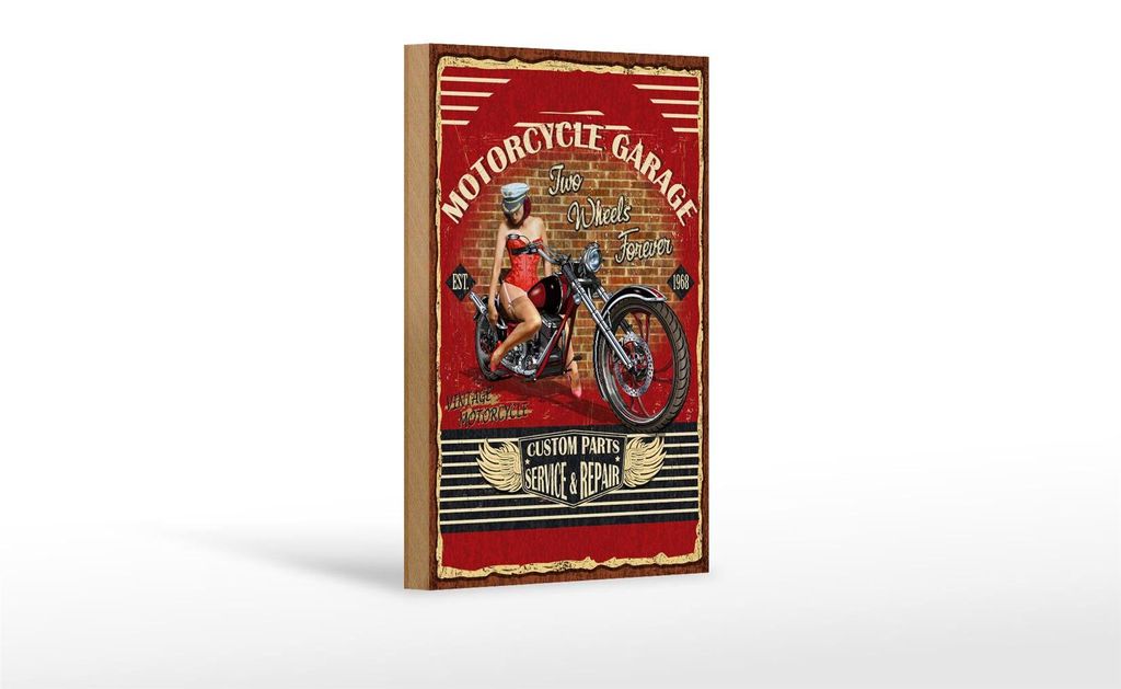 Holzschild Pinup 12x18cm Retro Motorcycle Garage Vintage rot