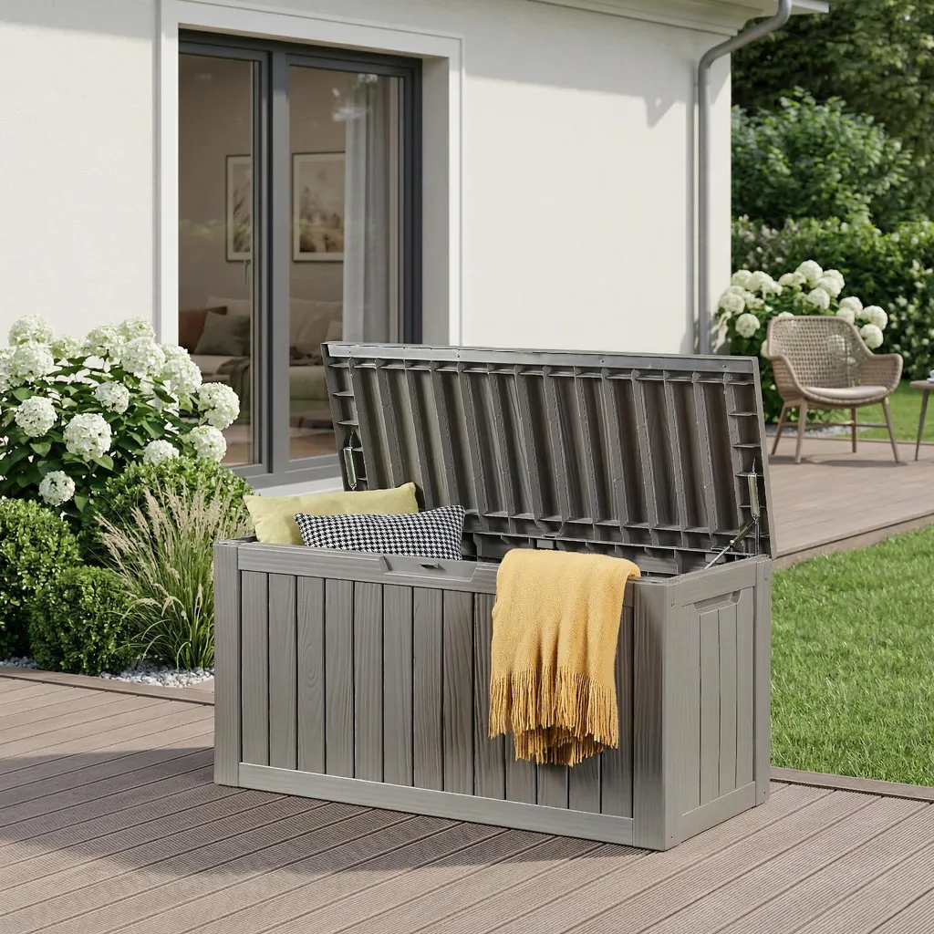 Fini le désordre avec le coffre de jardin Vades 300L aspect bois gris