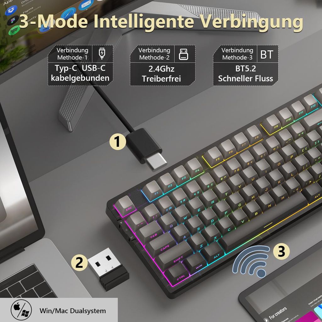 Light87 Mechanische Gaming-Tastatur: 87 Tasten, Tri-Mode, RGB, PBT, Blauwal Switch, Hot-Swap, 8000mAh