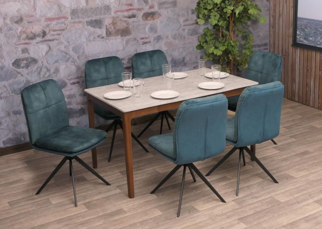 6er-Set Esszimmerstuhl HWC-M68, Küchenstuhl Lehnstuhl, drehbar Auto-Position, Metall Stoff/Textil blau