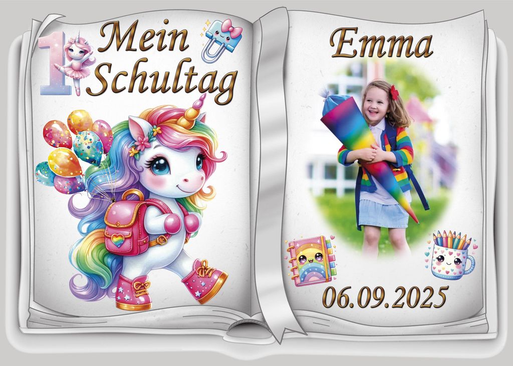 Tortenaufleger Tortendeko Fototorte Tortenbild Einhorn Regenbogen Einschulung Schulanfang 1. Schultag Schuleinführung SE07 (Zuckerpapier) DIN A5 m...