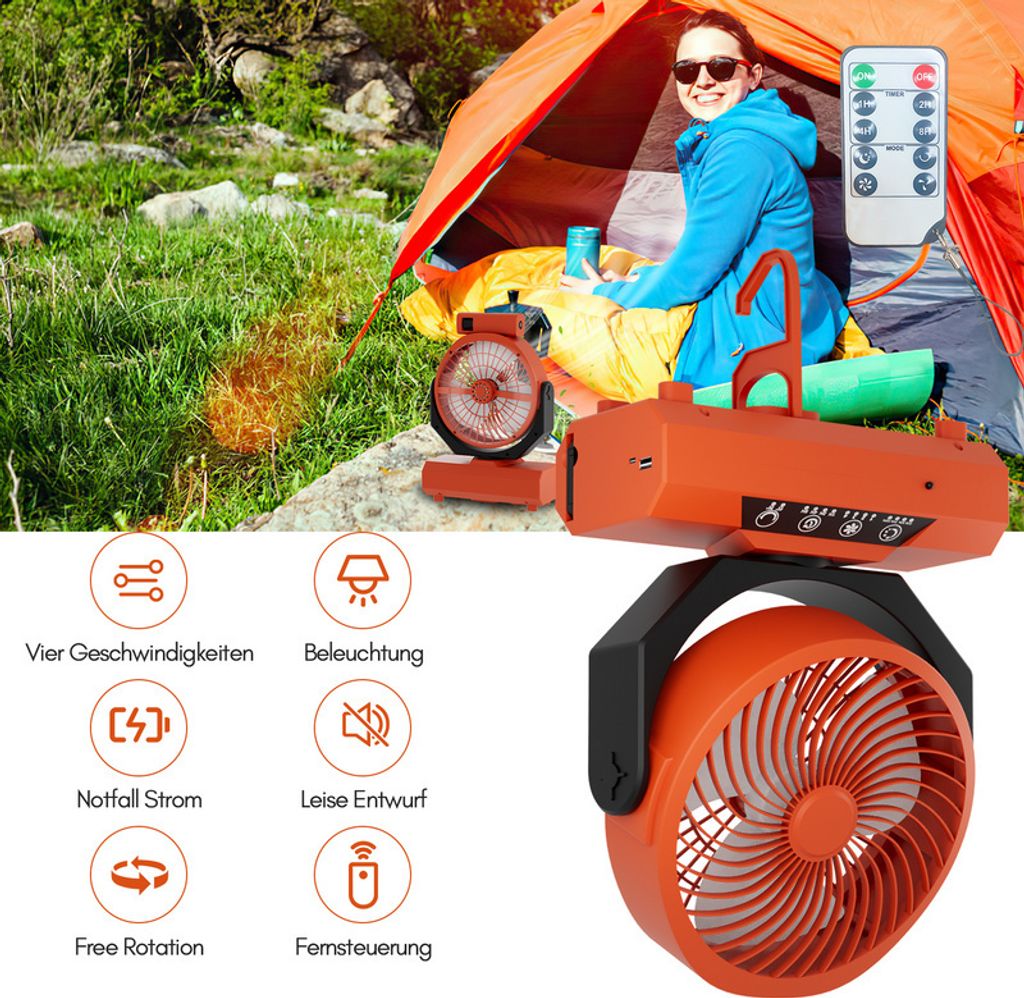 TolleTour Camping Ventilator Multifunktionales 2in1 Camping-Lüfterlicht, Tragbarer USB-Campingventilator für Zelt mit LED-Lampe Laterne Fernbedie...