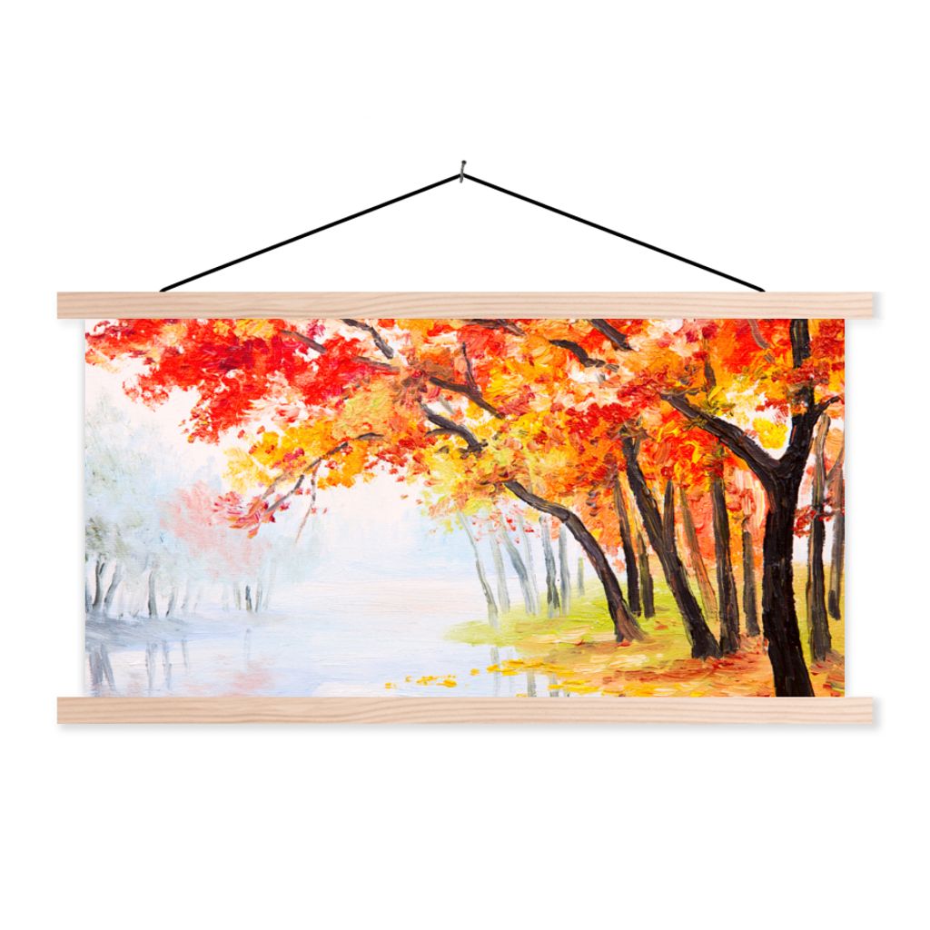 MuchoWow Textilposter Gemälde - Herbst - Bäume - Wasser - Ölfarbe 120x60 cm mit holzfarbenen Rahmen - Klemmleiste