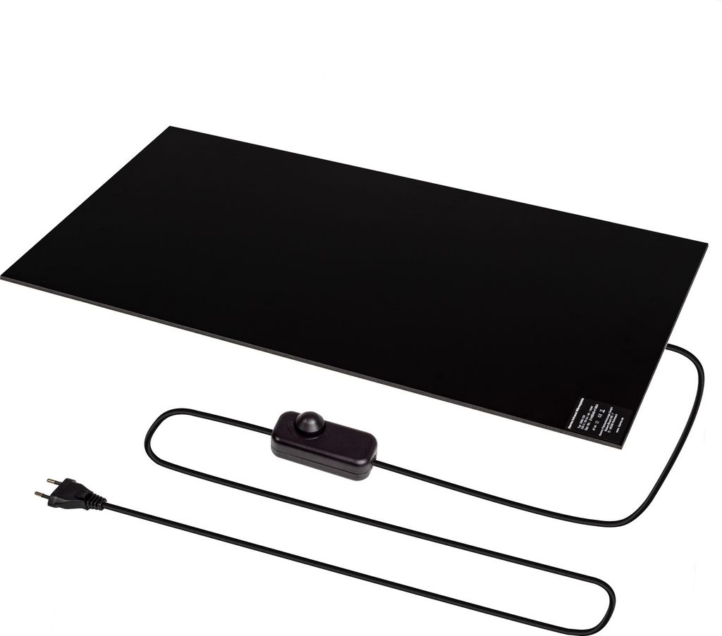 A black rectangular heating plate with a power cord and dimmer switch, presented on a white background.