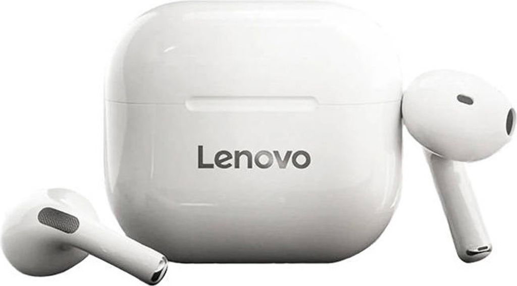 A white Lenovo wireless in-ear Bluetooth headset with its charging case.
