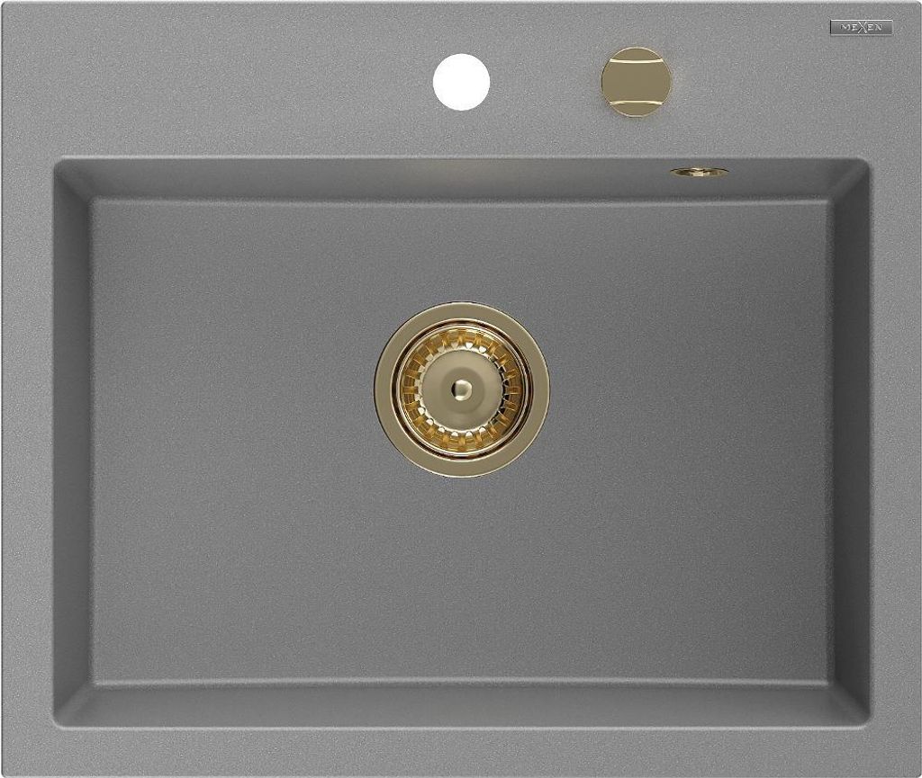 Mexen Oscar Granitspüle 1-Becken 580 x 490 mm, grau, goldener Siphon - 6519581000-71-G