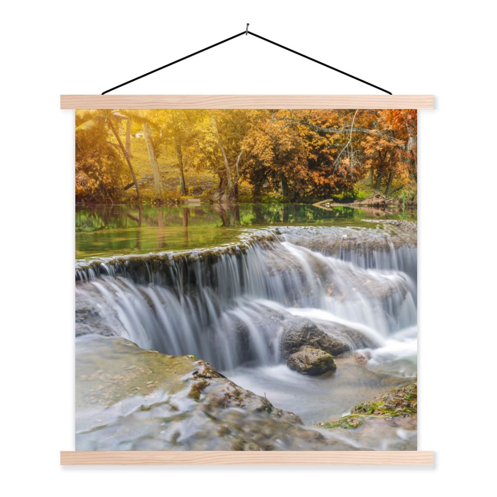 MuchoWow Textilposter Herbst - Wasserfall - Natur - Bäume 60x60 cm mit holzfarbenen Rahmen - Wanddekoration