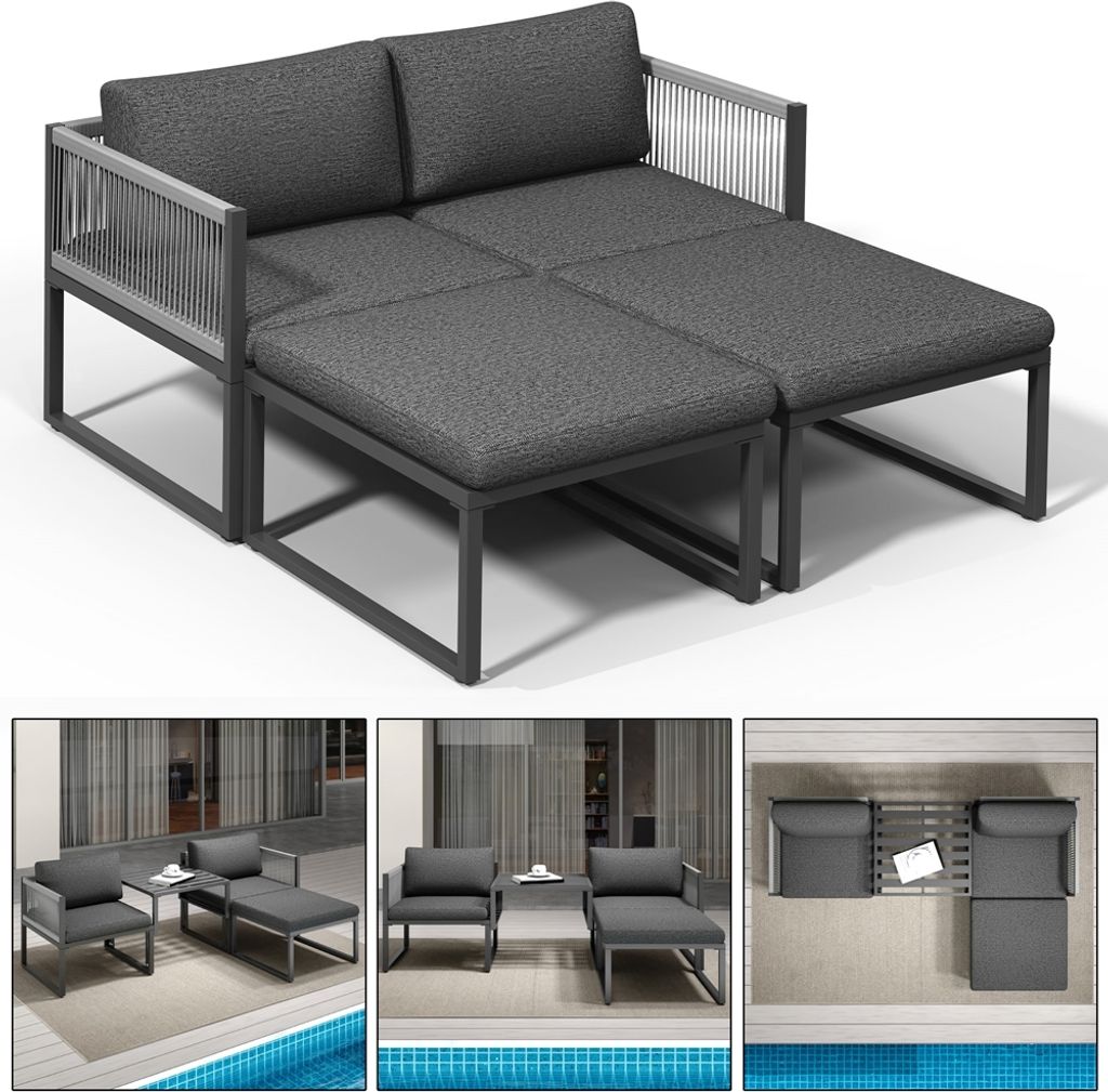 A collage of images showing a modular outdoor lounge set in different configurations and perspectives, including a top-down view.