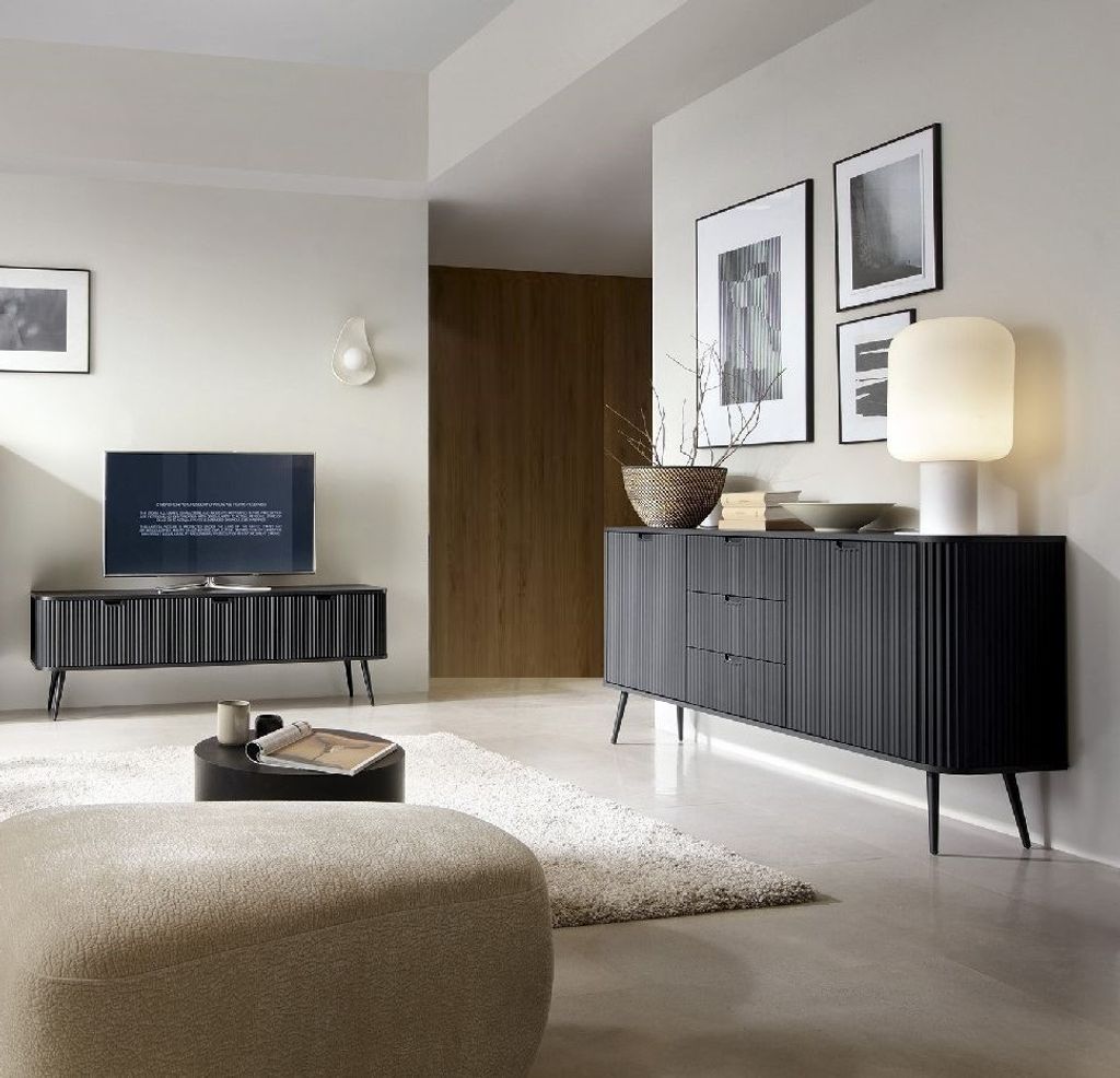 Wohnzimmer-set ZOVA 3 TV-Schrank 168 cm + Kommode KSZ-168 mit Schubladen mit runden Ecken mit geriffelte Fronte Schwarz