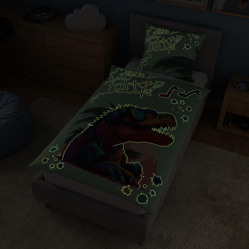 Renforce Kinderbettwäsche Glow in the Dark aus 100% Baumwolle - Vorderseite leuchtend, mit Wendemuster, Reißverschluss, 100, Farbe:Party Dino, Gr...