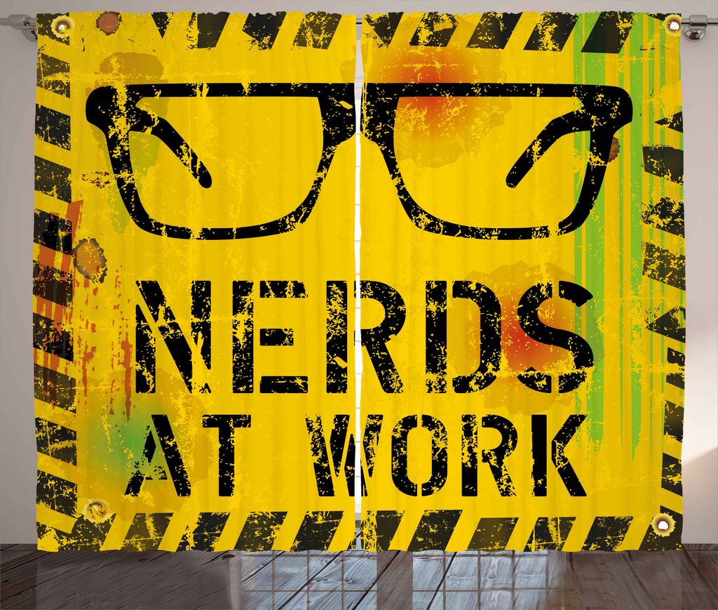 ABAKUHAUS Retro Rustikaler Vorhang, Nerds bei der Arbeit Grungy, Wohnzimmer Universalband Gardinen mit Schlaufen und Haken, 280 x 225 cm, Gelb Schw...