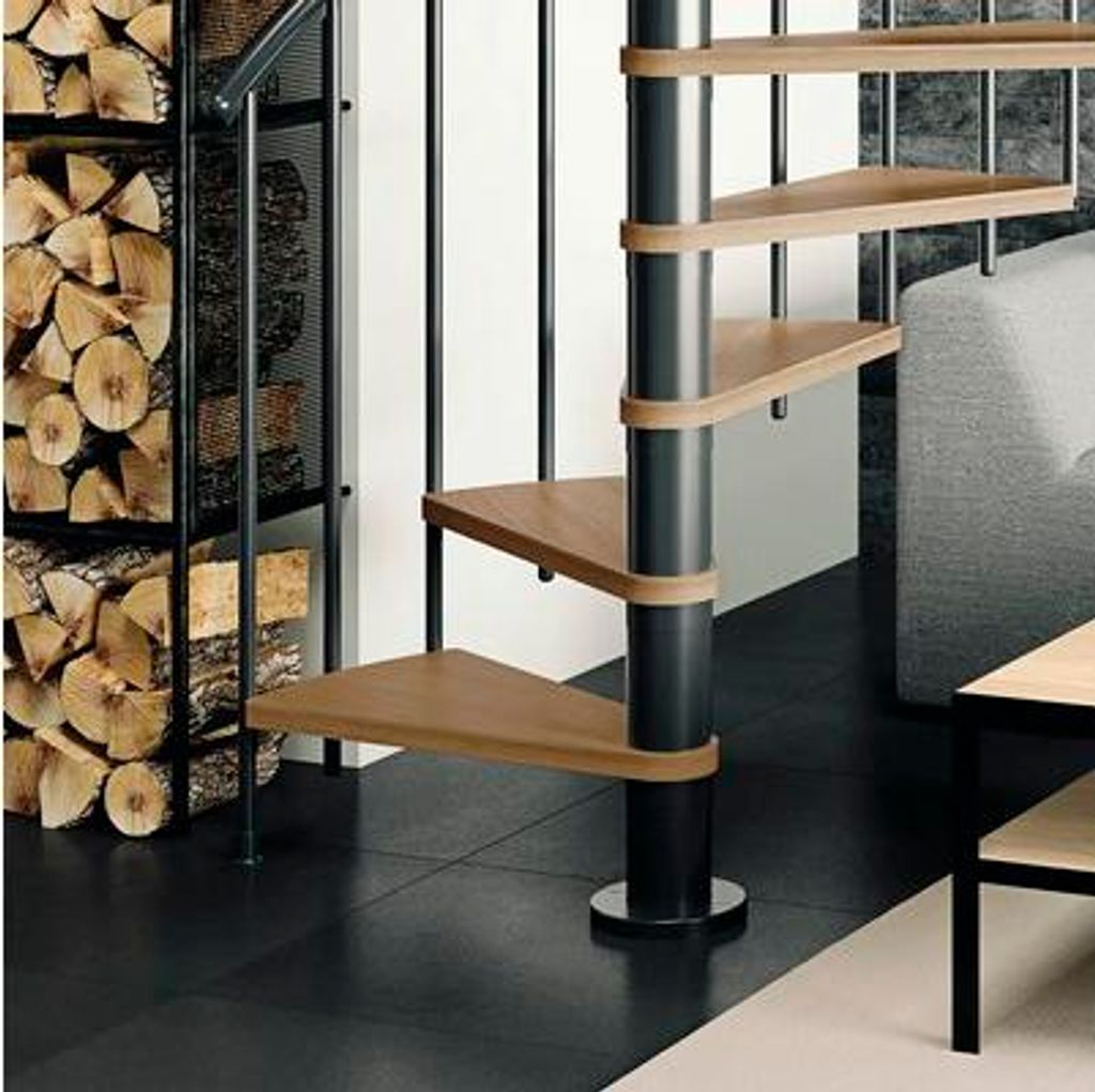 Pertura Spindeltreppe Cleon Eiche Multiplex Ø 120 cm Anthrazit 11 Stück Stufen 12 Steigungen