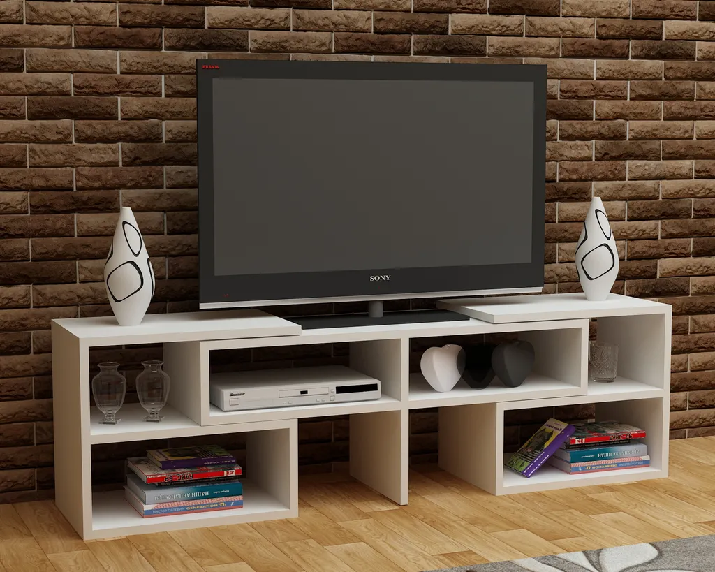 Meuble TV blanc pour petit salon - Support écran plat 136,8 cm Skye