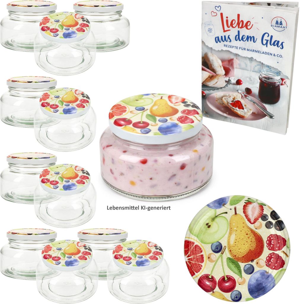 12er Set Joghurtglas 435ml Einmachglas Comic-Obst Deckel Marmelade