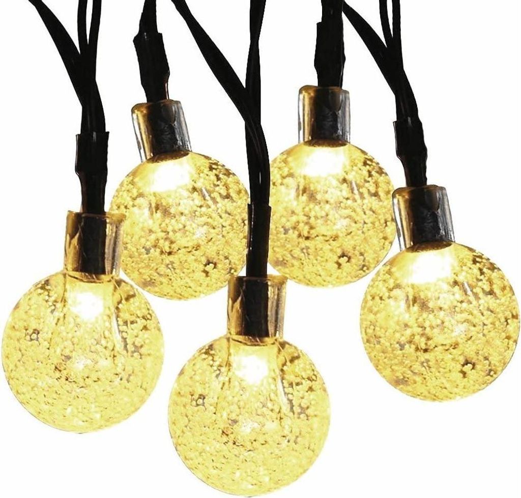 21 Fuß lange Solar-Lichterkette mit 30 LEDs in Kugelform und Kristallkugeln, 8 verschiedene Muster, für Terrasse und Garten