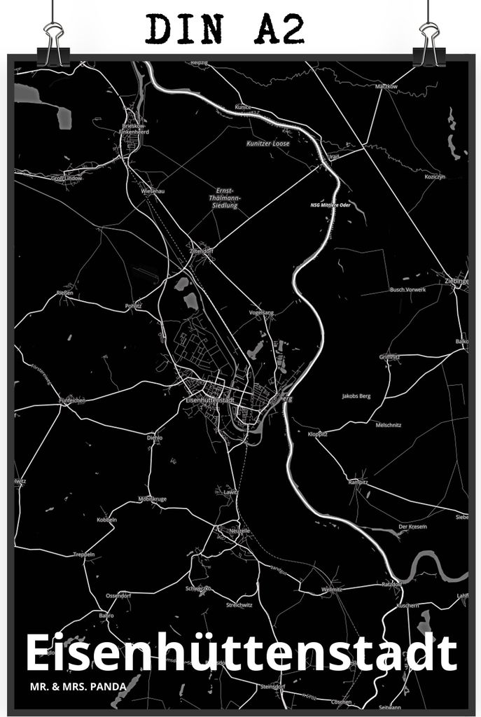 Mr. & Mrs. Panda Bild Eisenhüttenstadt DIN A2 - Geschenk, Stadt Dorf Karte Landkarte Map Stadtplan, Posterdruck, kunstdruck poster, wanddeko, drucke