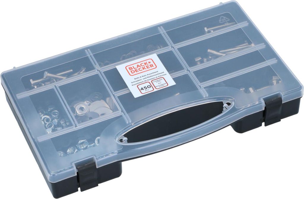 BLACK+DECKER Schrauben und Muttern Sortiment 450 Stück Set mit Werkzeugkoffer Verschiedene Arten/Größen Edelstahl Silber
