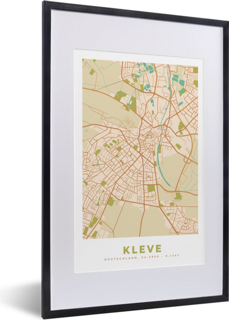 MuchoWow Gerahmtes Poster Karte - Kleve - Stadtplan - Vintage 40x60 cm - Poster mit Schwarzem Bilderrahmen Wandposter Rahmen Foto Bilder - Poster...