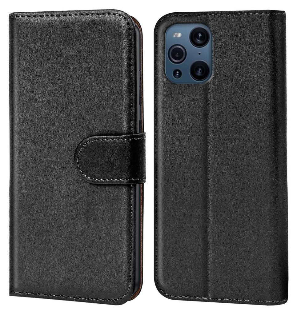 A black leather flip case for a smartphone is shown open, displaying the inside of the case and the back of the phone with its camera array.