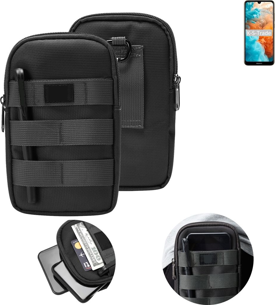 K-S-Trade Holster Gürtel Tasche kompatibel mit Huawei Y6 Pro 2019 Handy Tasche Schutz Hülle dunkel-grau viele Fächer, 1x