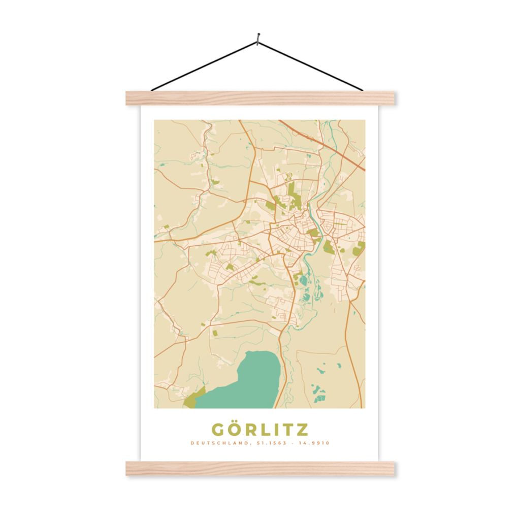 MuchoWow Textilposter Görlitz - Karte - Vintage - Stadtplan 120x180 cm mit holzfarbenen Rahmen - Textil-Plakat